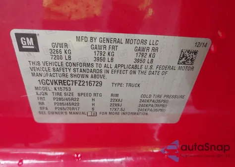 2015 Chevrolet Silverado 1500 1Lt z USA, uszkodzony, nr VIN 1GCVKREC7FZ216729